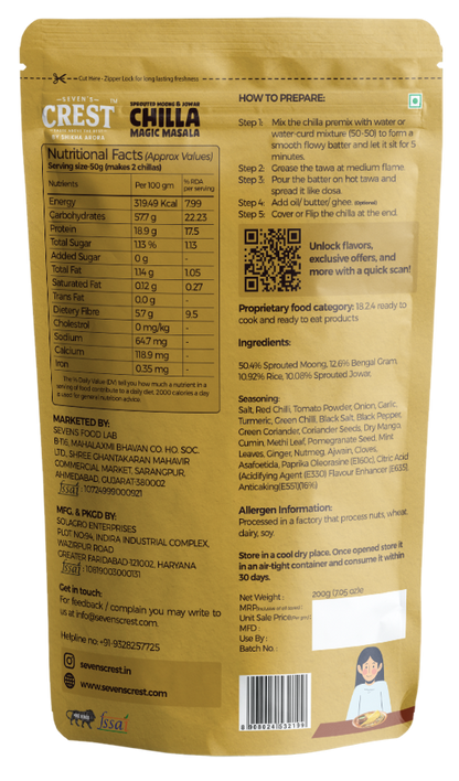 Seven's Crest Sprouted Moong & Jowar Chilla Magic Masala, High in Protein, Gluten Free Ingredients, Pack of 2 (200g each)