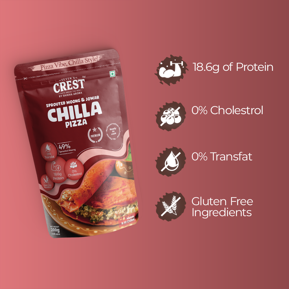 Seven's Crest Sprouted Moong & Jowar Chilla Pizza & Magic Masala, High in Protein, Gluten Free Ingredients, Pack of 2, (200g each)